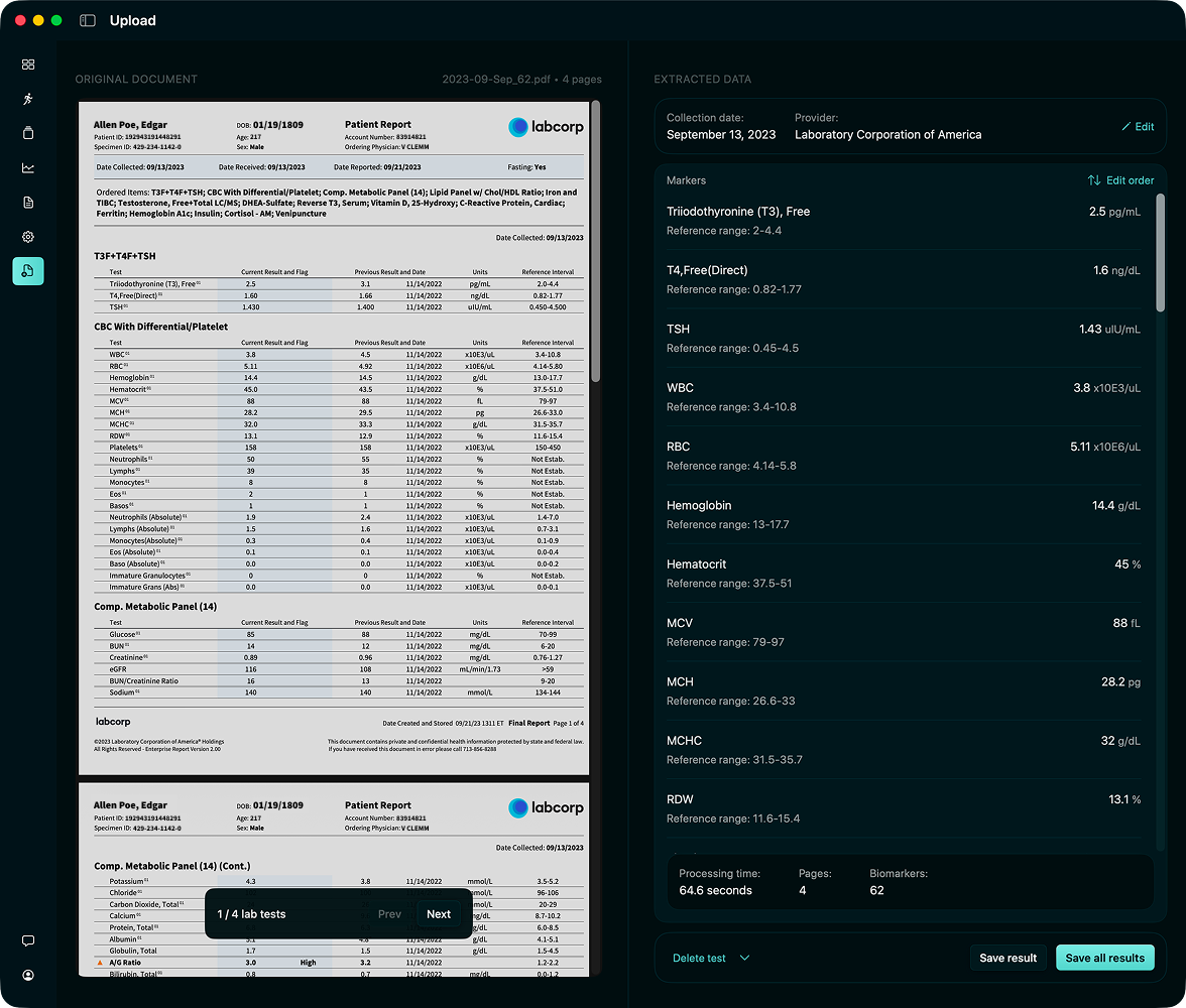 Lab report extraction review screen with standardized biomarkers ready to save