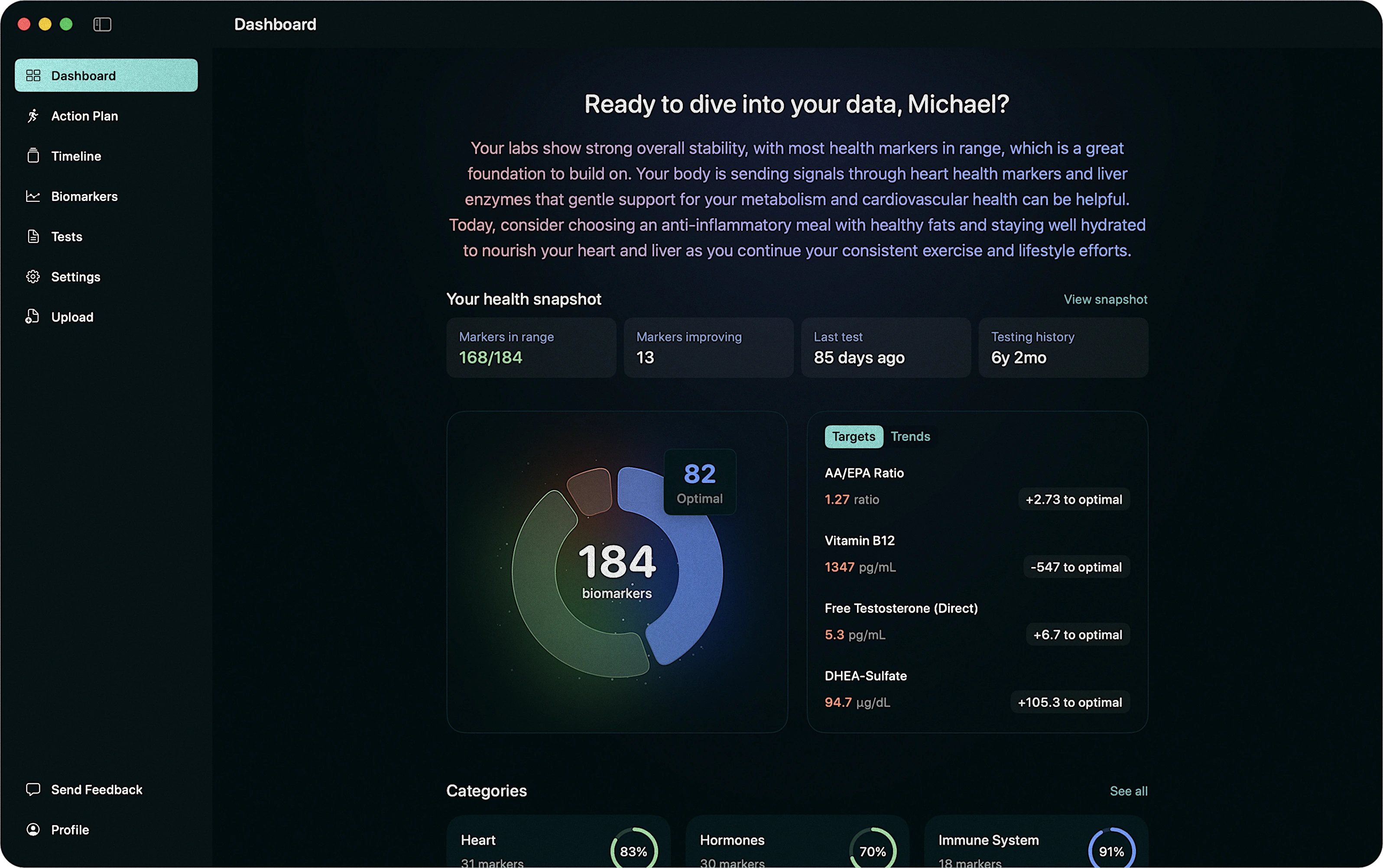Hemo Dashboard showing status ring, biomarker trends, and watchlist